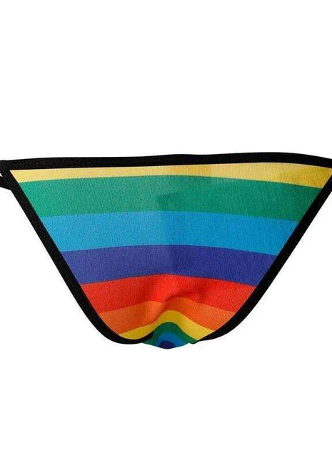 C4M12 Briefkini Rainbow swim brief with bright horizontal rainbow stripes, smooth stretch fabric and black trim