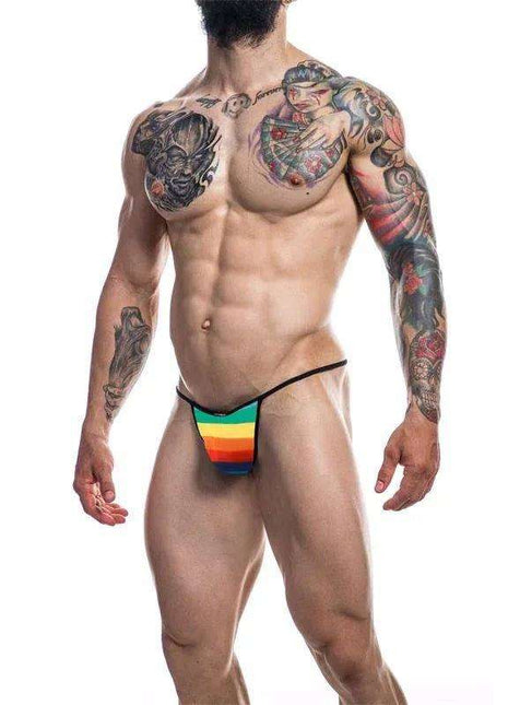C4M12 Briefkini Rainbow swim brief in bright horizontal rainbow stripes with thin black string sides and waistband