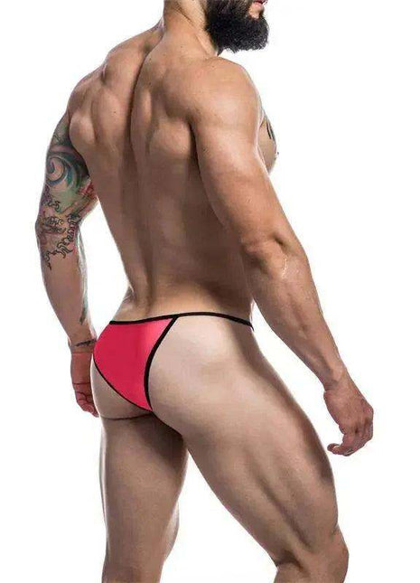 C4M12 Briefkini RedOTS men’s swim brief in red and pale beige stretch fabric with black trim and color-block panels