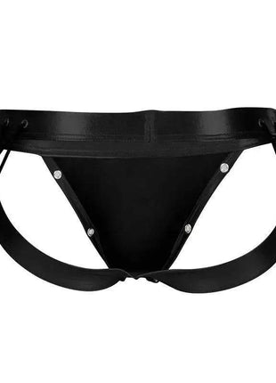 C4M14 Desire Jockstrap in black leatherette with a wide waistband, front pouch, snap details and curved straps