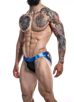 C4M14 Desire Jockstrap in blue with a glossy finish, black front pouch, and contrasting side straps with metal rings
