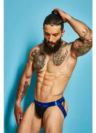 C4M14 Desire Jockstrap in glossy blue leatherette, featuring a black front pouch, blue side straps and metal details
