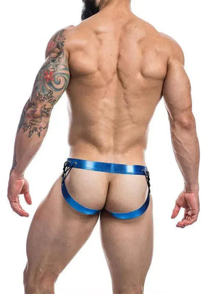 C4M14 Desire Jockstrap in bold blue leatherette with sleek, supportive design for everyday comfort and style