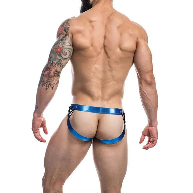 C4M14 Desire Jockstrap in bold blue leatherette with sleek, supportive design for everyday comfort and style