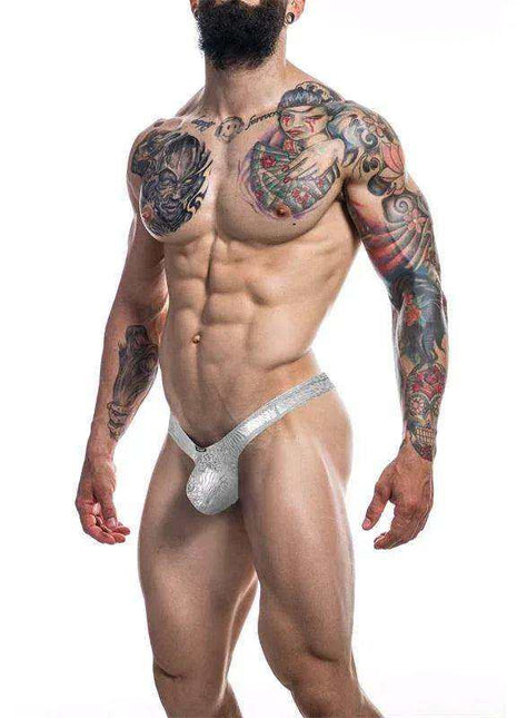 C4MPE02 Pouch Enhancing Thong Pearl, a silver-white men's thong with a textured, shimmering finish and contoured pouch