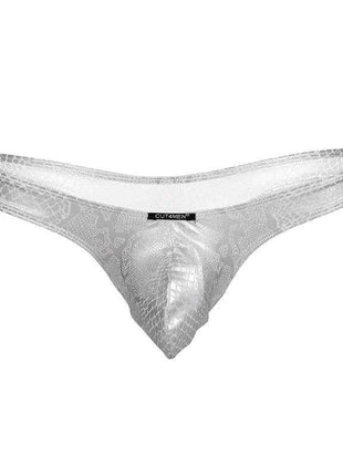 C4MPE02 Pouch Enhancing Thong Pearl in sheer silver-white lace with a textured pattern and shaped front pouch