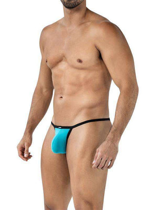 Men's Mini Tanga Kini thong in turquoise with black trim and ergonomic front pouch design