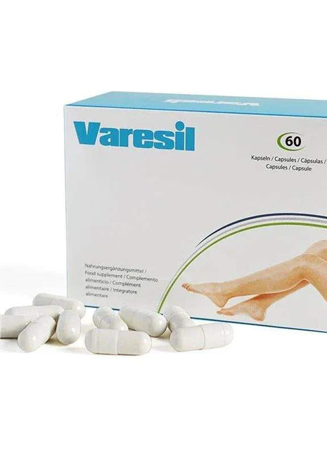 Capsules for Varicose Veins Varesil supplement in a blue-and-white box with 60-count label and white capsules