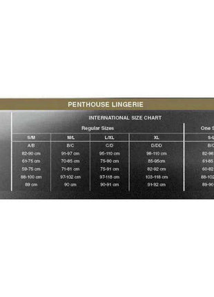 Casual Seduction Chemise White size chart with a dark gray background, gold header, and white international sizing measurements
