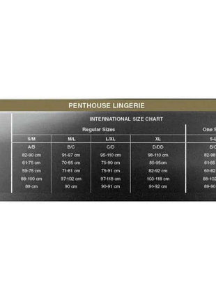 Catch Me Panties Black size chart with white measurement rows and size columns on a dark gray panel