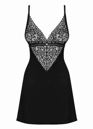 Cecillia Dress and Thong black lingerie dress with thin straps, floral lace cups and a sheer lace panel