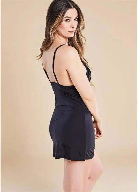 Cecillia Dress and Thong, a black sleeveless mini dress with thin straps, a fitted silhouette and smooth fabric