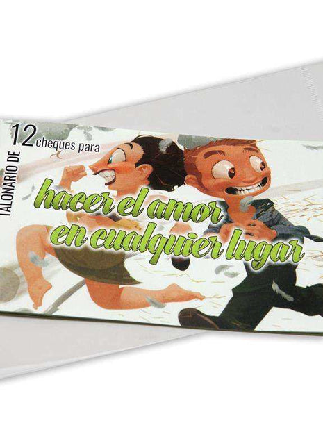 Checkbook Make Love coupon book with a colorful cartoon couple, Spanish lettering and 12 romantic cheques