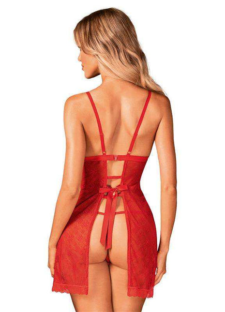 Claussica Babydoll and Thong in sheer red lace with thin adjustable straps, an open back and tie detail