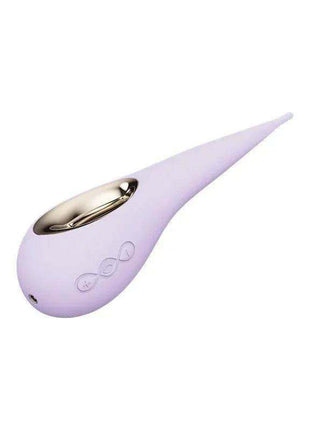 Clitoris Stimulator in pale lilac silicone with a tapered flexible tip, oval metallic accent and embossed controls