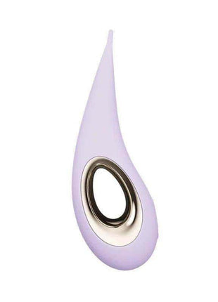 Clitoris Stimulator in lilac silicone with a sleek teardrop shape and metallic oval detail around the central opening