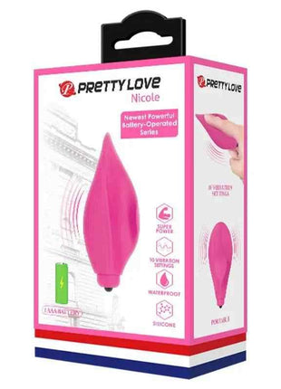 Clitoris Stimulator Nicole in bright pink silicone, shown on white and pink PrettyLove packaging with vibration and waterproof icons
