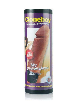 Cloneboy Dildo with Vibrator molding kit in a cylindrical purple and black canister, featuring a printed dildo illustration.