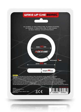 Cock Ring Solid Silicone black ring shown on packaging, with a solid circular design and printed 5.5 mm inner diameter