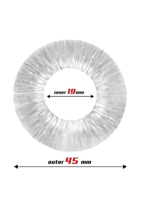 Cock Ring Super Flexible clear translucent ring with a ribbed striped surface, labeled with a 19 mm inner diameter and 45 mm outer diameter