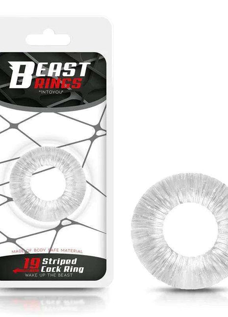 Cock Ring Super Flexible in clear translucent material, featuring a ribbed striped texture and circular shape