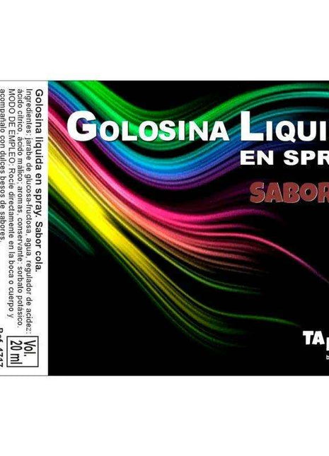 Cola Flavored Liquid Candy Spray label with black design, colorful flowing waves, cola flavor text and 20 ml marking