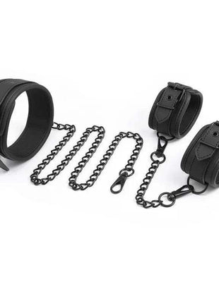 Collar and Hand Cuffs Set Leather in black leather with adjustable buckled straps, matching cuffs and connecting chains
