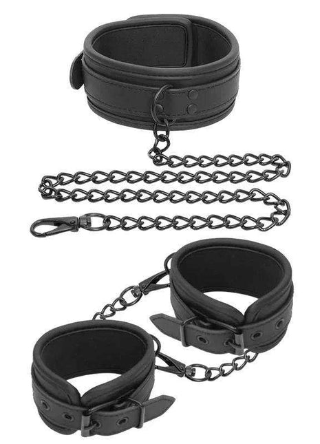 Collar and Hand Cuffs Set Leather in black, with padded leather collar and matching adjustable cuffs linked by metal chains