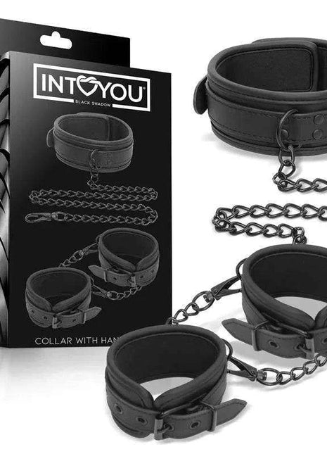 Collar and Hand Cuffs Set Leather in black, with padded adjustable straps, metal buckles and connecting chains