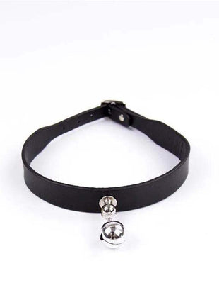 Collar with Bell in black, featuring a smooth strap, adjustable buckle and dangling silver-tone bell.