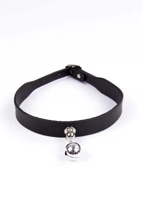 Collar with Bell in black, featuring a smooth strap, adjustable buckle and dangling silver-tone bell.