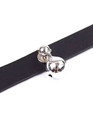 Collar with Bell featuring a sleek black strap and two shiny silver bells, including a larger dangling bell.