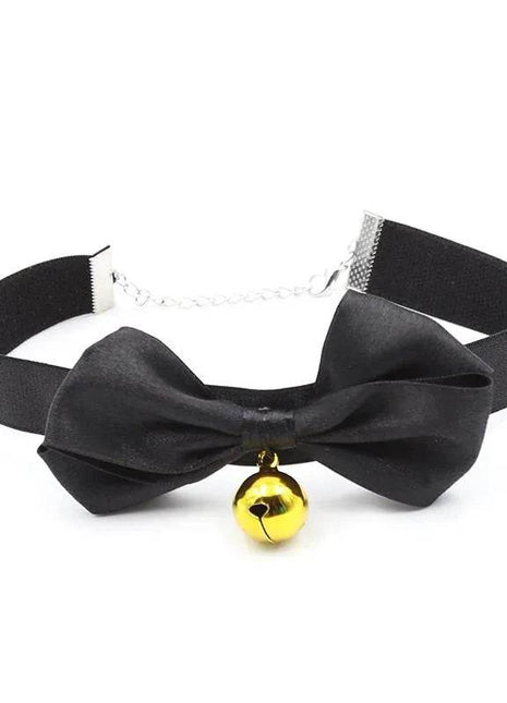 Collar with Bow and Bell in black satin-like fabric, featuring a large tied bow and a shiny gold bell.