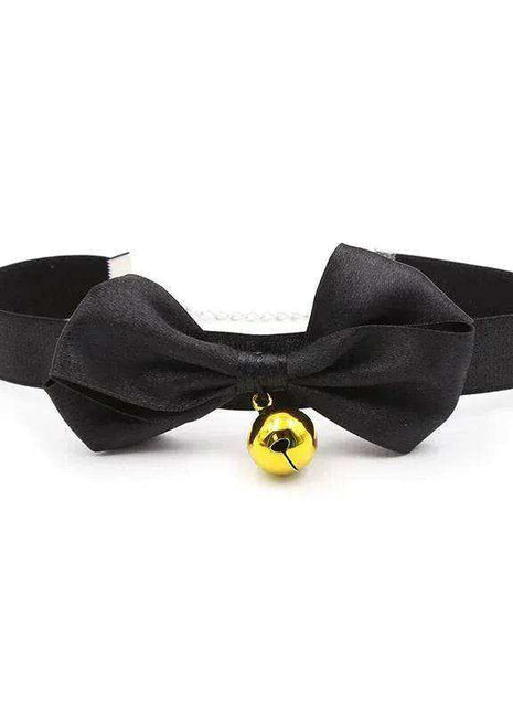 Collar with Bow and Bell in black fabric, featuring a large tied bow and a small gold-tone bell