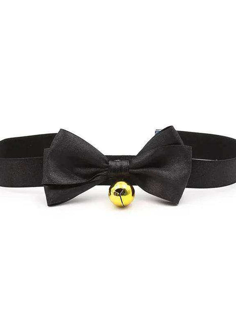 Collar with Bow and Bell in black fabric, featuring a large bow and a small gold-tone bell