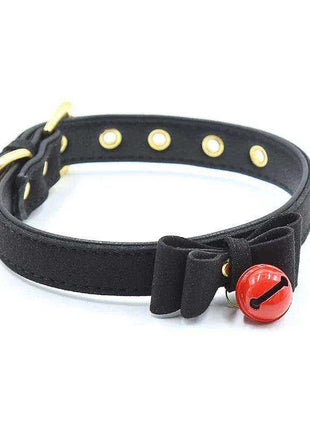 Collar with Bow and Rattle in black with a soft textured band, gold-tone eyelets, black bow and red bell
