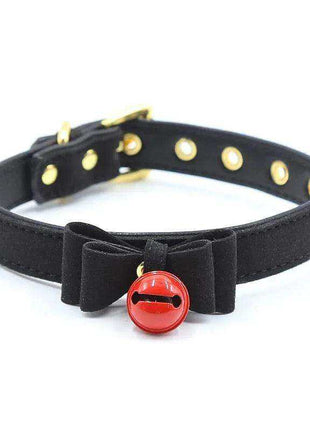 Collar with Bow and Rattle in black with a fabric bow and bright red bell, finished with gold-tone eyelets