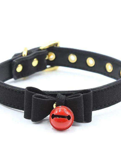 Collar with Bow and Rattle in black with a fabric bow and bright red bell, finished with gold-tone eyelets