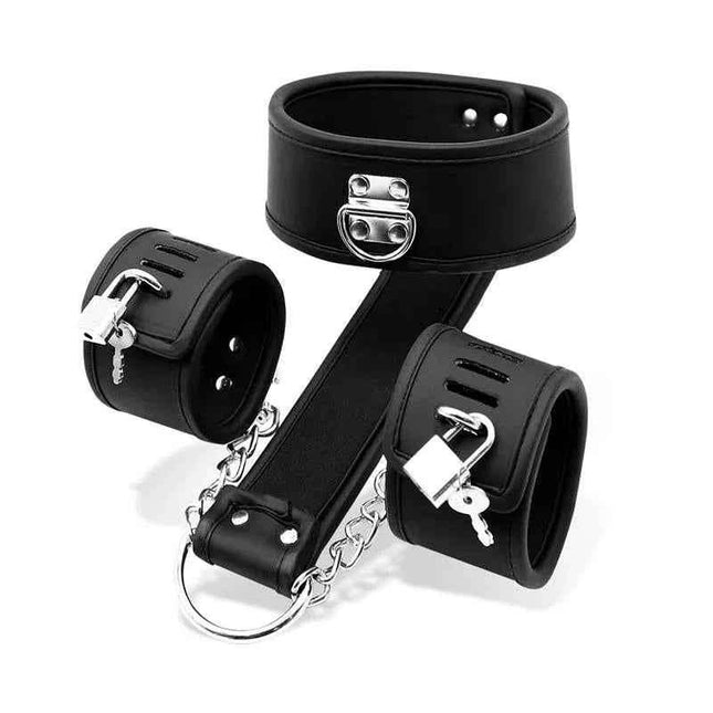 Collar with Handcuffs Set in soft, adjustable vegan leather with cushioned padding for comfortable restraint play