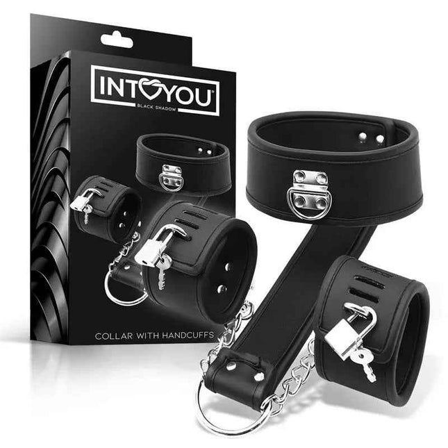 Vegan leather collar with adjustable strap and cushioned handcuffs set for comfortable restraint play