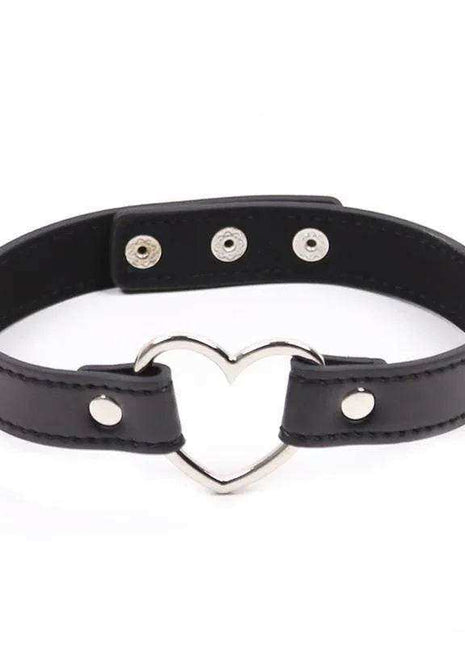Collar with Heart Shaped Hoop in black smooth material, featuring silver-tone snaps, eyelets and a heart-shaped metal hoop