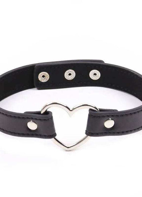 Collar with Heart Shaped Hoop in black leather-like material, featuring silver-tone studs, eyelets and a heart-shaped ring