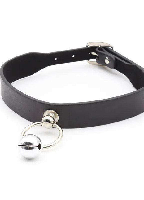 Collar with Hoop and Bell Black, smooth black strap with an adjustable buckle and silver hoop holding a bell