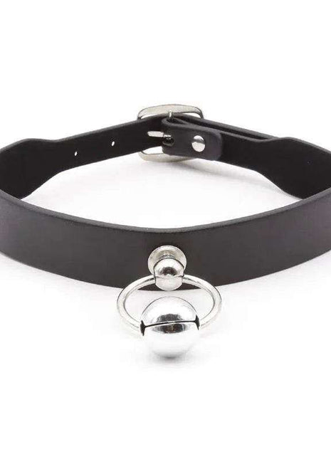Collar with Hoop and Bell Black featuring a smooth black strap, adjustable buckle, and silver hoop with bell