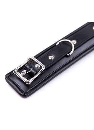 Collar with Metal Leash in black padded material, featuring silver-tone buckle, rivets and a metal attachment ring
