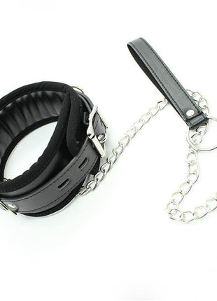 Collar with Metal Leash in black, featuring a padded ridged interior, adjustable buckle strap, and silver chain leash