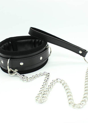Collar with Metal Leash in black padded material, featuring silver-tone studs, buckle, detachable chain and wrist strap