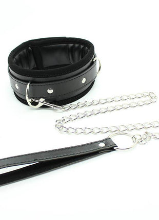 Collar with Metal Leash in black padded faux leather, with silver studs, buckle, detachable chain and wrist strap