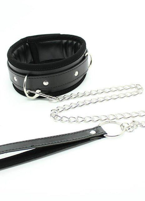 Collar with Metal Leash in black padded faux leather, with silver studs, buckle, detachable chain and wrist strap