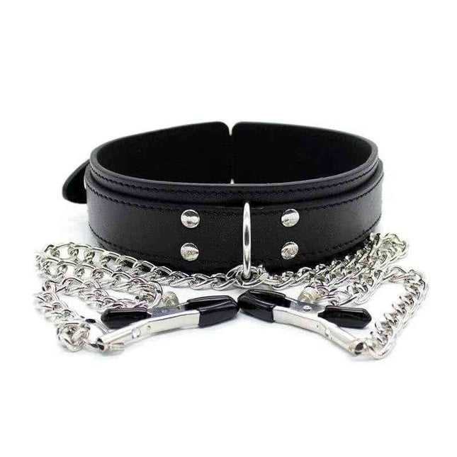 Black collar with adjustable nipple clamps and metal chain for intimate play